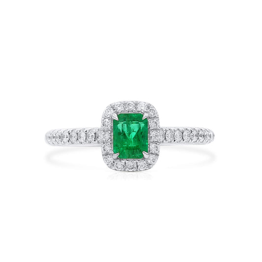 Natural Vivid Green Colombian Emerald Halo Ring, 18K White Gold, Radiant Shape, 0.65 Ct. TW