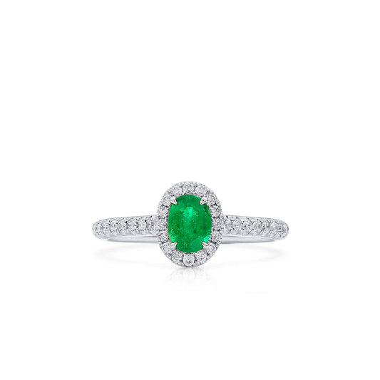 Natural Vivid Green Colombian Emerald Halo Ring, 18K White Gold, Oval Shape, 0.65 Ct. TW