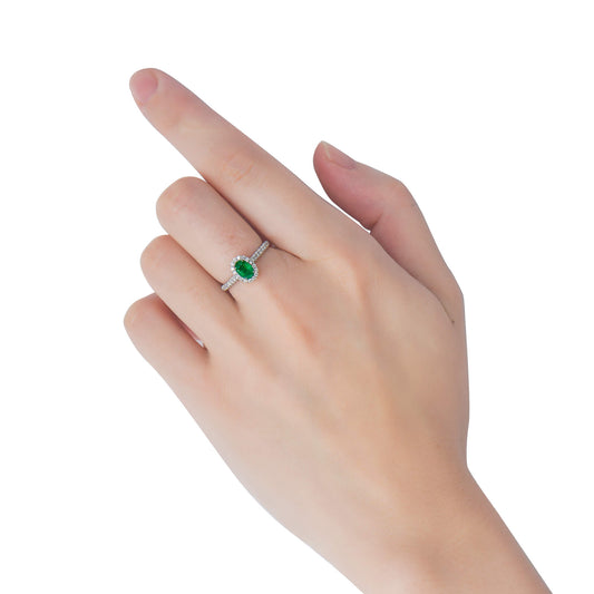 Natural Vivid Green Colombian Emerald Halo Ring, 18K White Gold, Oval Shape, 0.75 Ct. TW