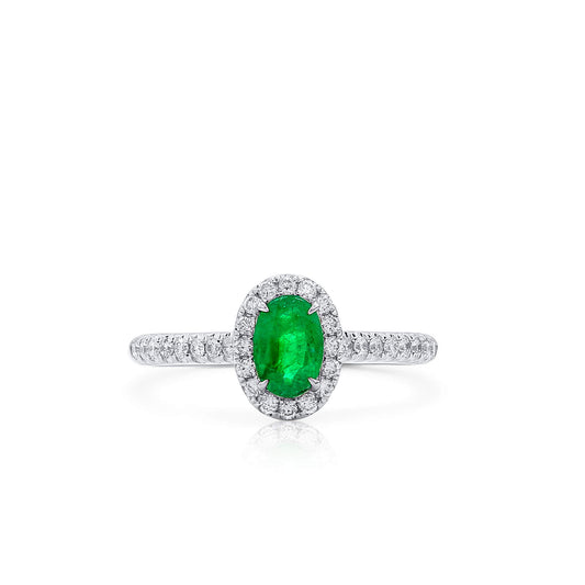 Natural Vivid Green Colombian Emerald Halo Ring, 18K White Gold, Oval Shape, 0.75 Ct. TW