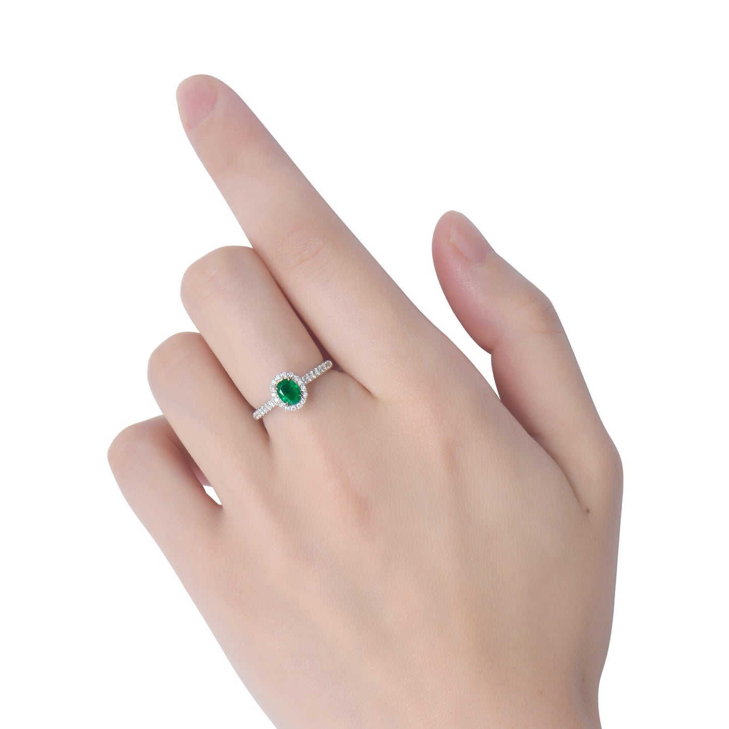 Natural Green Colombian Emerald Halo Ring, 18K White Gold, Oval Shape, 0.74 Ct. TW