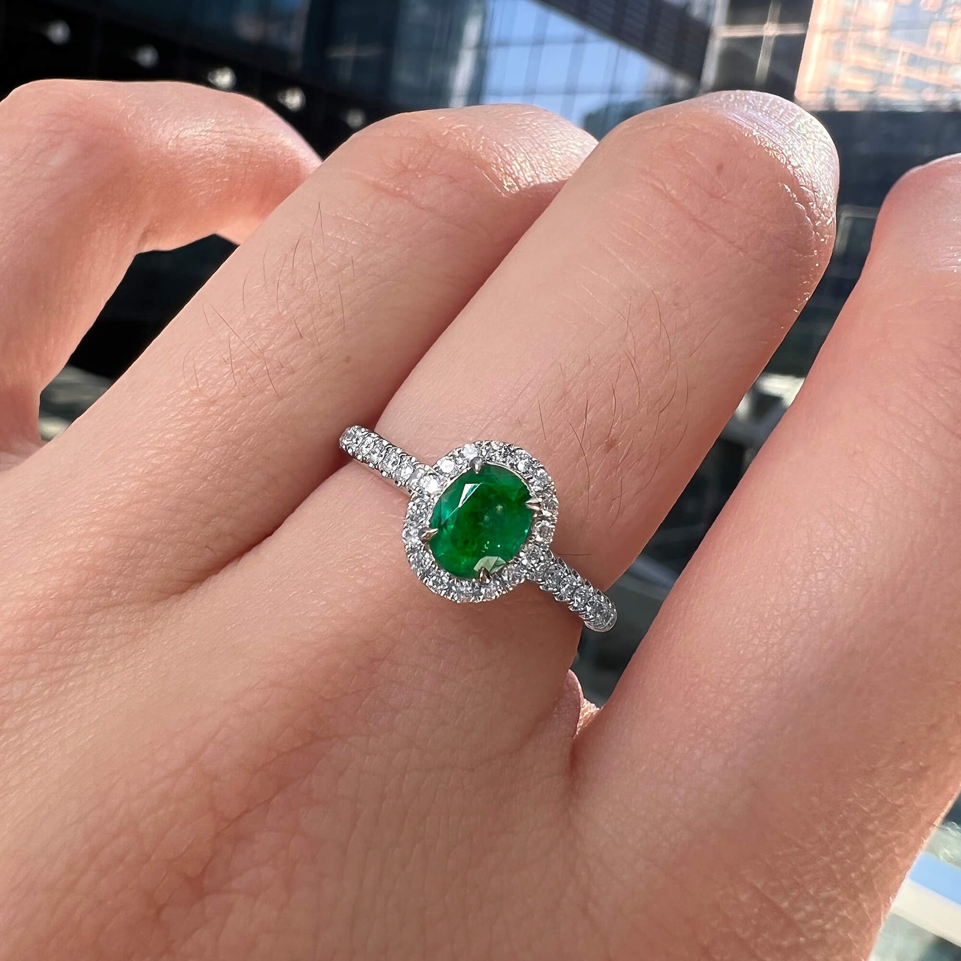 Natural Green Colombian Emerald Halo Ring, 18K White Gold, Oval Shape, 0.74 Ct. TW