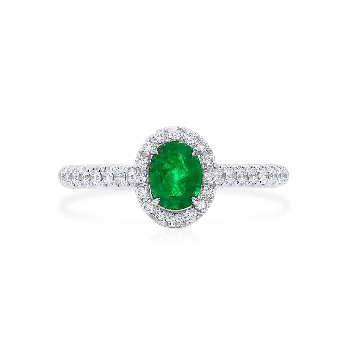 Natural Green Colombian Emerald Halo Ring, 18K White Gold, Oval Shape, 0.74 Ct. TW