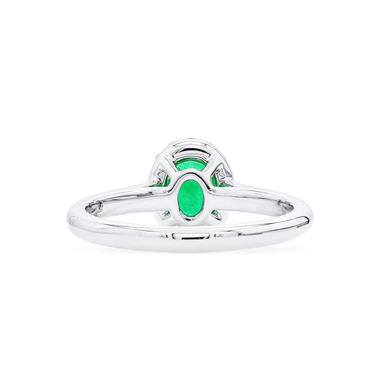 Natural Green Colombian Emerald Halo Ring, 18K White Gold, Oval Shape, 0.87 Ct. TW