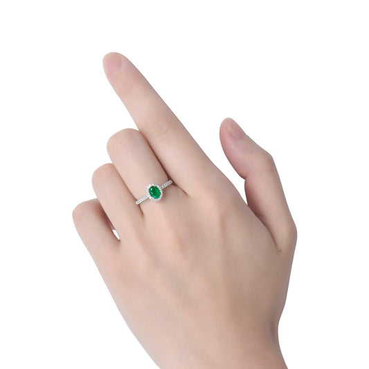 Natural Green Colombian Emerald Halo Ring, 18K White Gold, Oval Shape, 0.87 Ct. TW