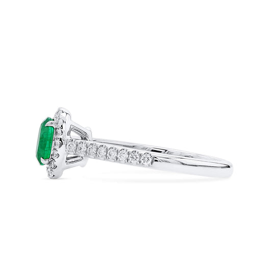 Natural Green Colombian Emerald Halo Ring, 18K White Gold, Oval Shape, 0.87 Ct. TW