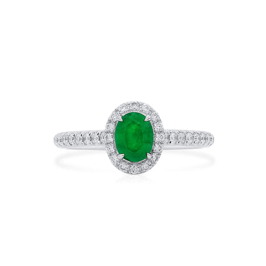 Natural Green Colombian Emerald Halo Ring, 18K White Gold, Oval Shape, 0.87 Ct. TW
