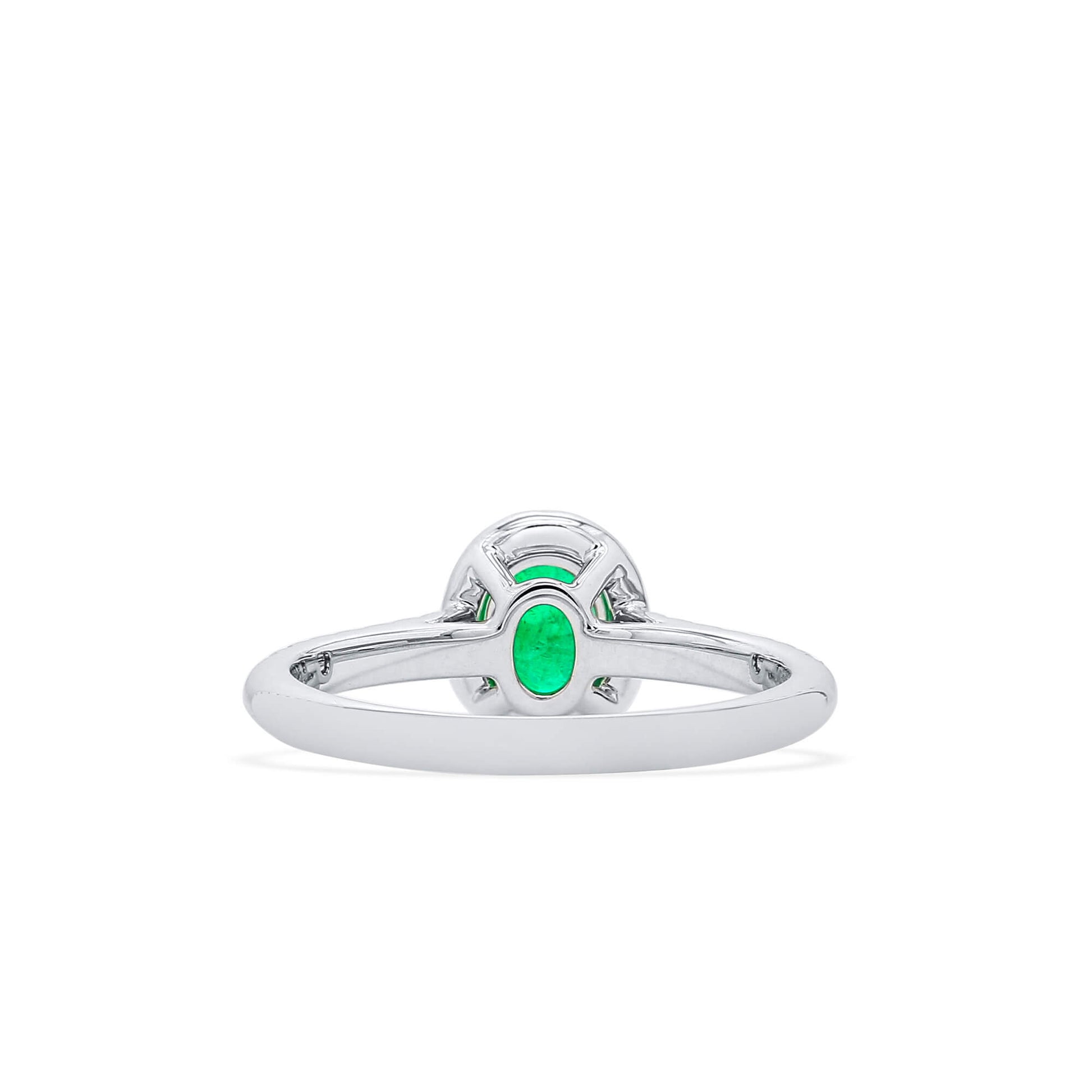 Natural Vivid Green Colombian Emerald Halo Ring, 18K White Gold, Oval Shape, 0.87 Ct. TW