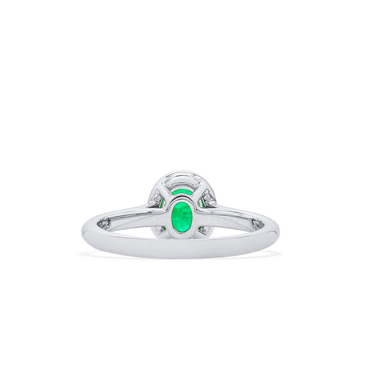 Natural Vivid Green Colombian Emerald Halo Ring, 18K White Gold, Oval Shape, 0.87 Ct. TW