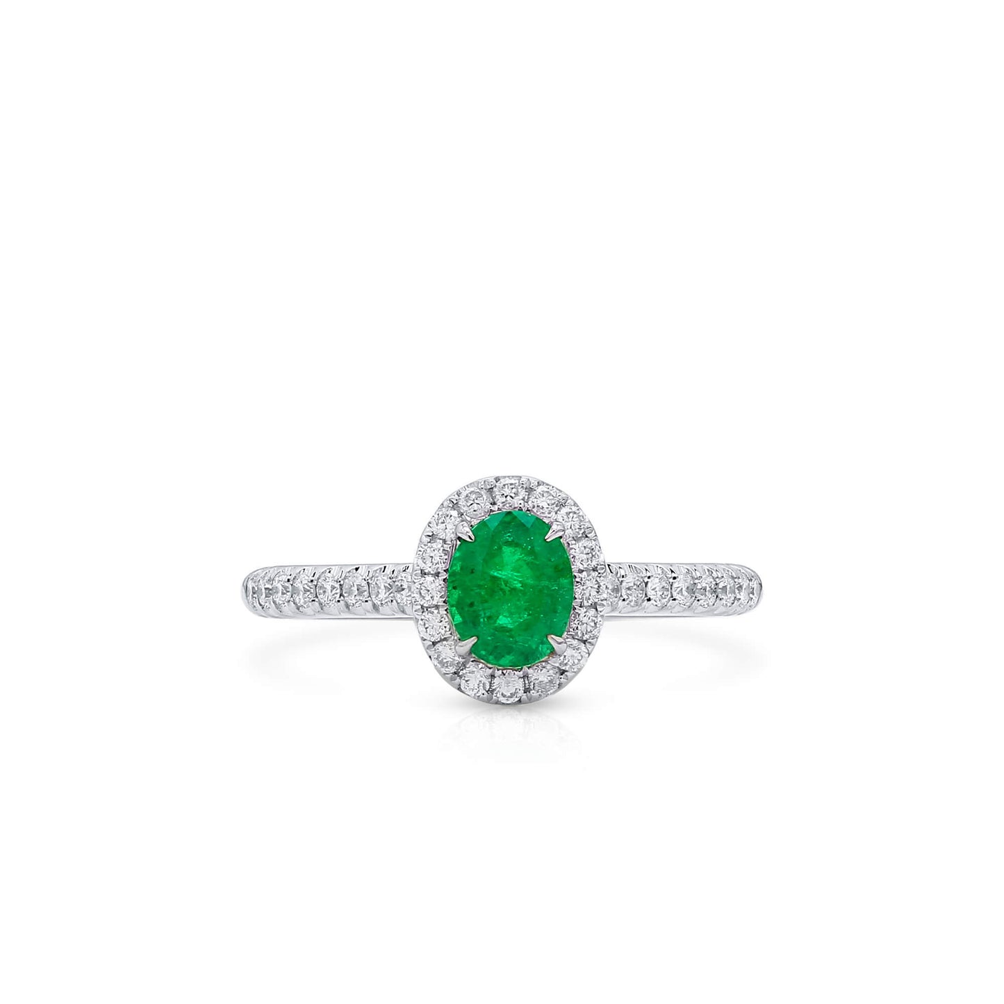 Natural Vivid Green Colombian Emerald Halo Ring, 18K White Gold, Oval Shape, 0.87 Ct. TW