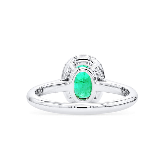 Natural Vivid Green Colombian Emerald Halo Ring, 18K White Gold, Oval Shape, 1.27 Ct. TW