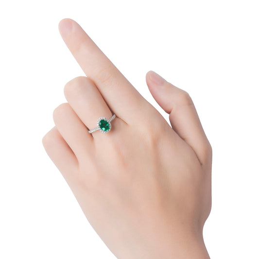 Natural Vivid Green Colombian Emerald Halo Ring, 18K White Gold, Oval Shape, 1.27 Ct. TW