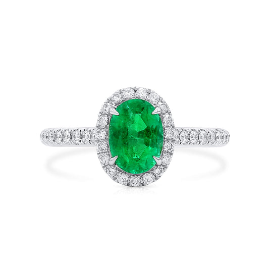 Natural Vivid Green Colombian Emerald Halo Ring, 18K White Gold, Oval Shape, 1.27 Ct. TW