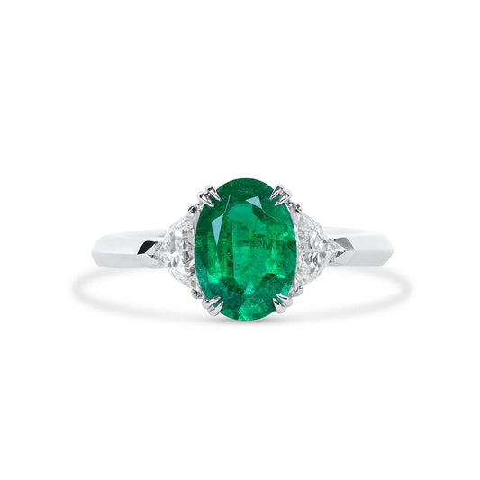 Natural Vivid Green Himalayan Mountains Emerald Three Stone Ring, 18K White Gold, Oval Shape, 2.27 Ct. TW