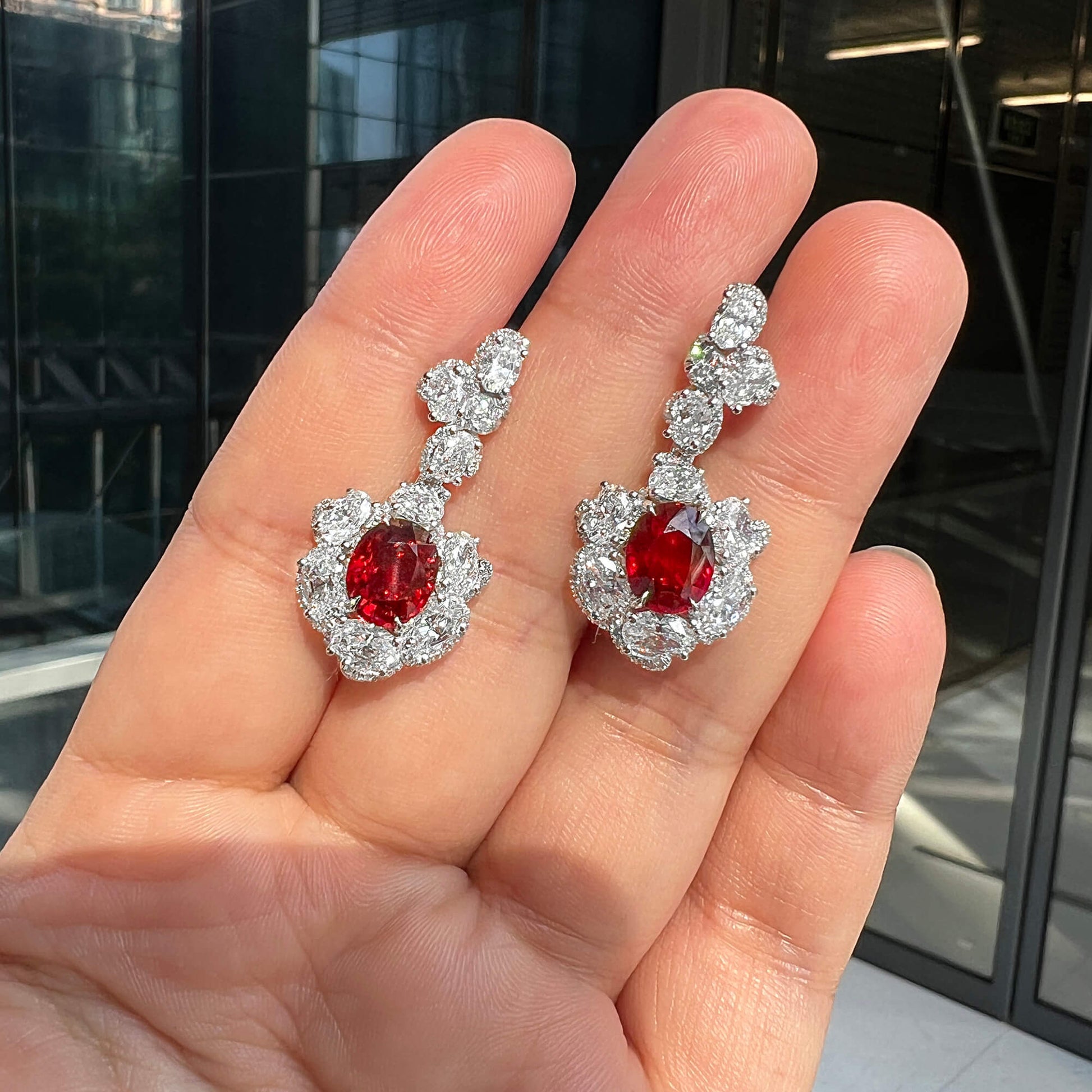 Natural Red Ruby Drop Earrings, 18K White Gold, Oval Shape, 11.75 Ct. TW