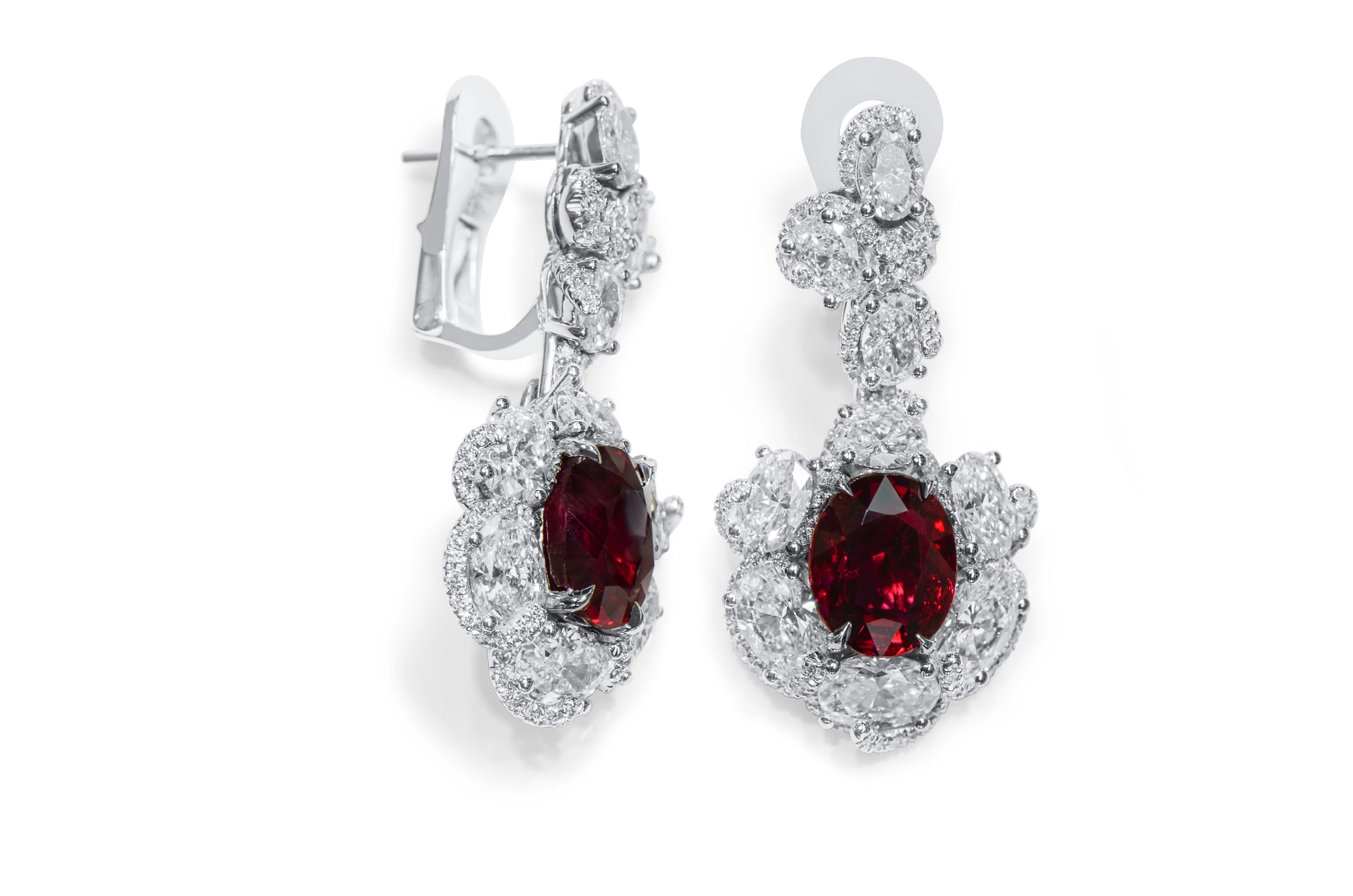 Natural Red Ruby Drop Earrings, 18K White Gold, Oval Shape, 11.75 Ct. TW