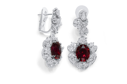 Natural Red Ruby Drop Earrings, 18K White Gold, Oval Shape, 11.75 Ct. TW