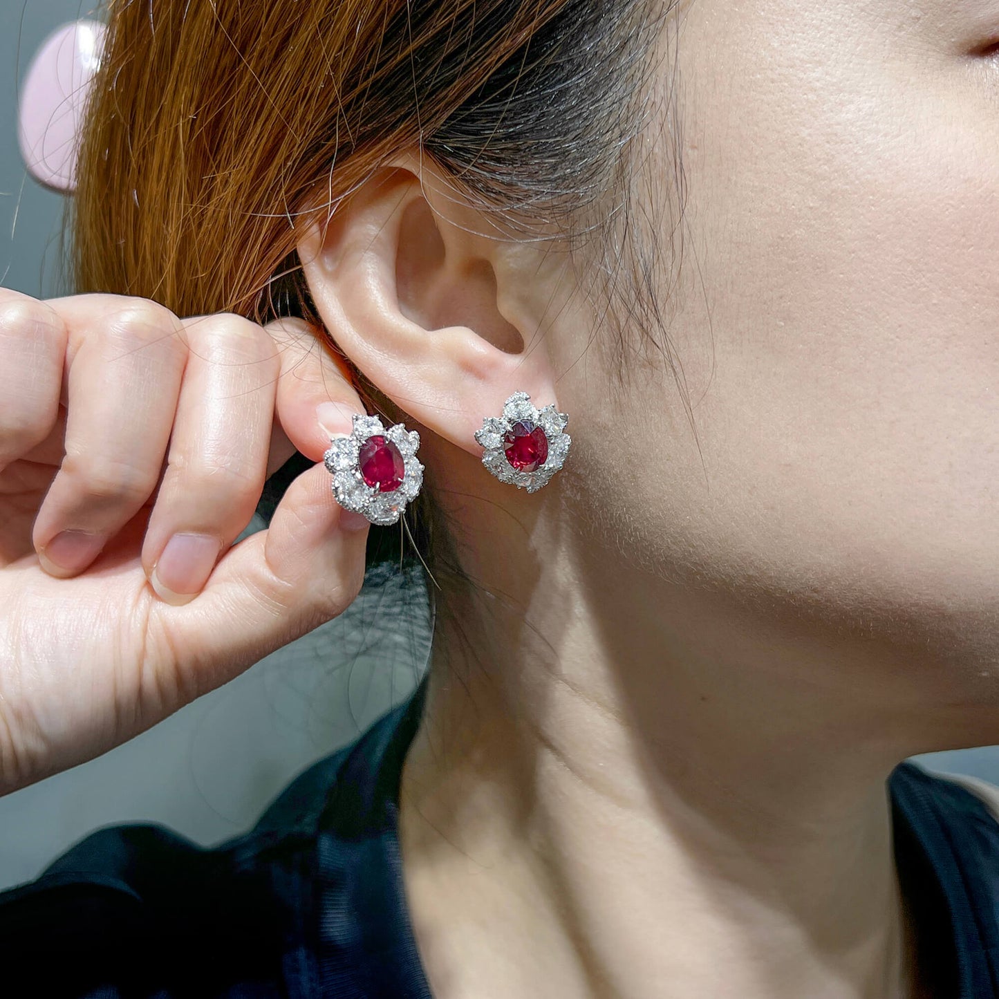 Natural 6.06 Ct. Oval-Cut Vivid Red Ruby & Diamond Drop Earrings, 18K White Gold