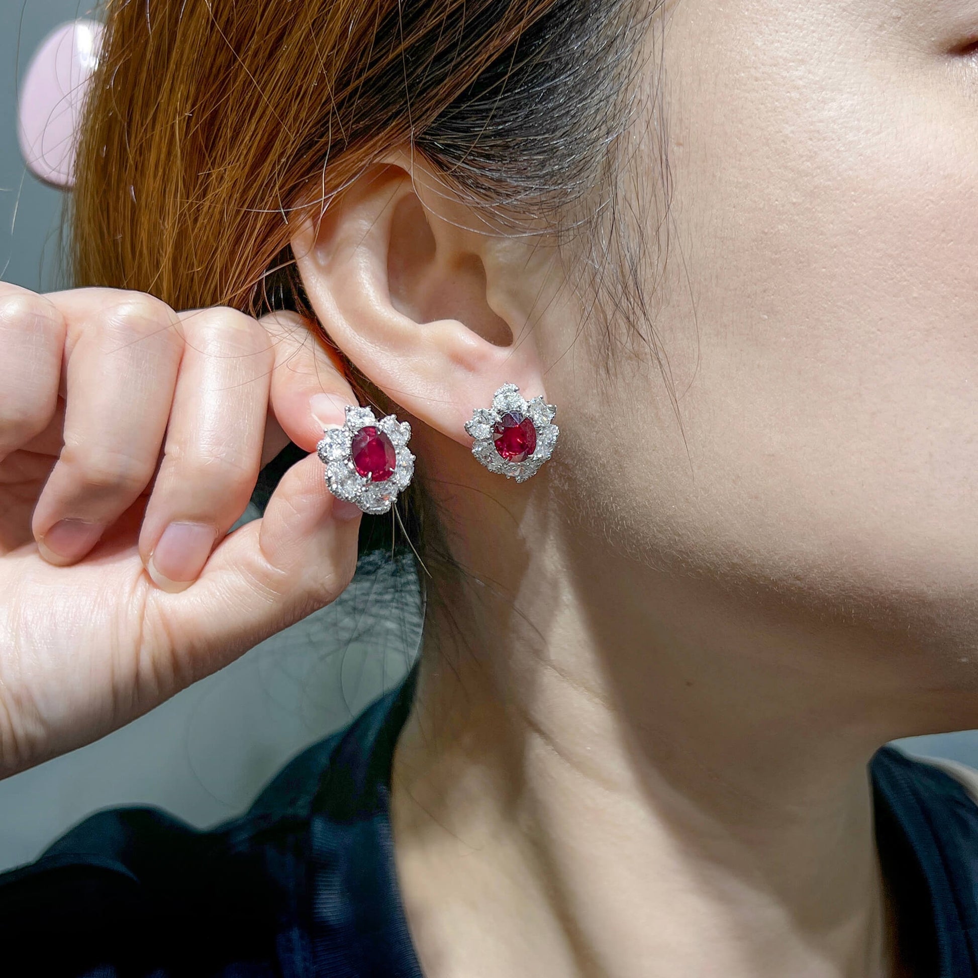 Natural 6.06 Ct. Oval-Cut Vivid Red Ruby & Diamond Drop Earrings, 18K White Gold