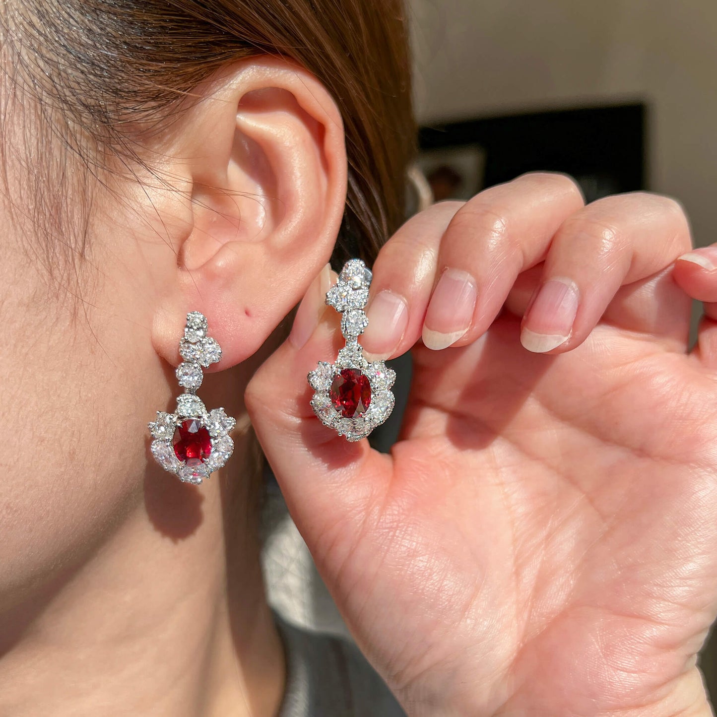 Natural Red Ruby Drop Earrings, 18K White Gold, Oval Shape, 11.75 Ct. TW