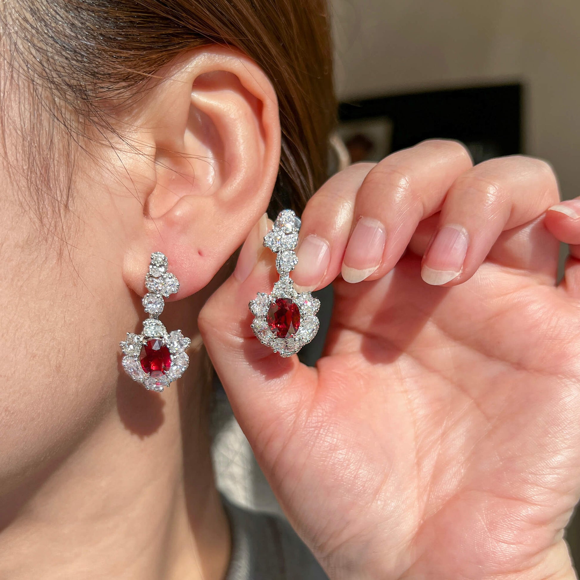 Natural Red Ruby Drop Earrings, 18K White Gold, Oval Shape, 11.75 Ct. TW