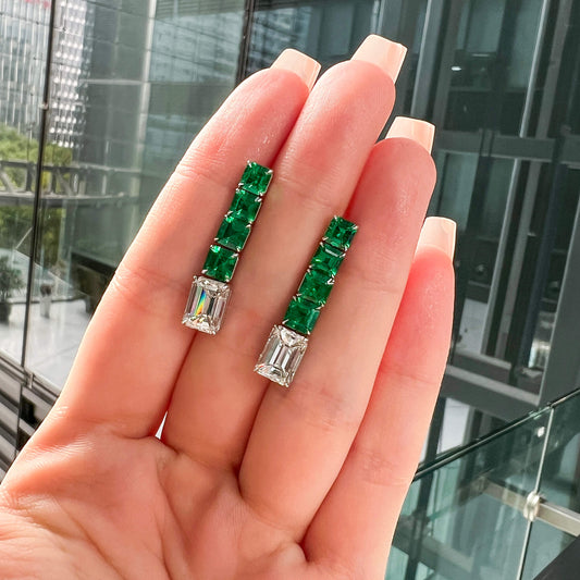 Natural Diamond & Emerald Drop Earrings, 18K White Gold, Emerald Shape, 8.04 Ct. TW