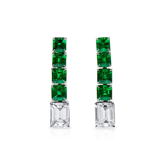 Natural Diamond & Emerald Drop Earrings, 18K White Gold, Emerald Shape, 8.04 Ct. TW