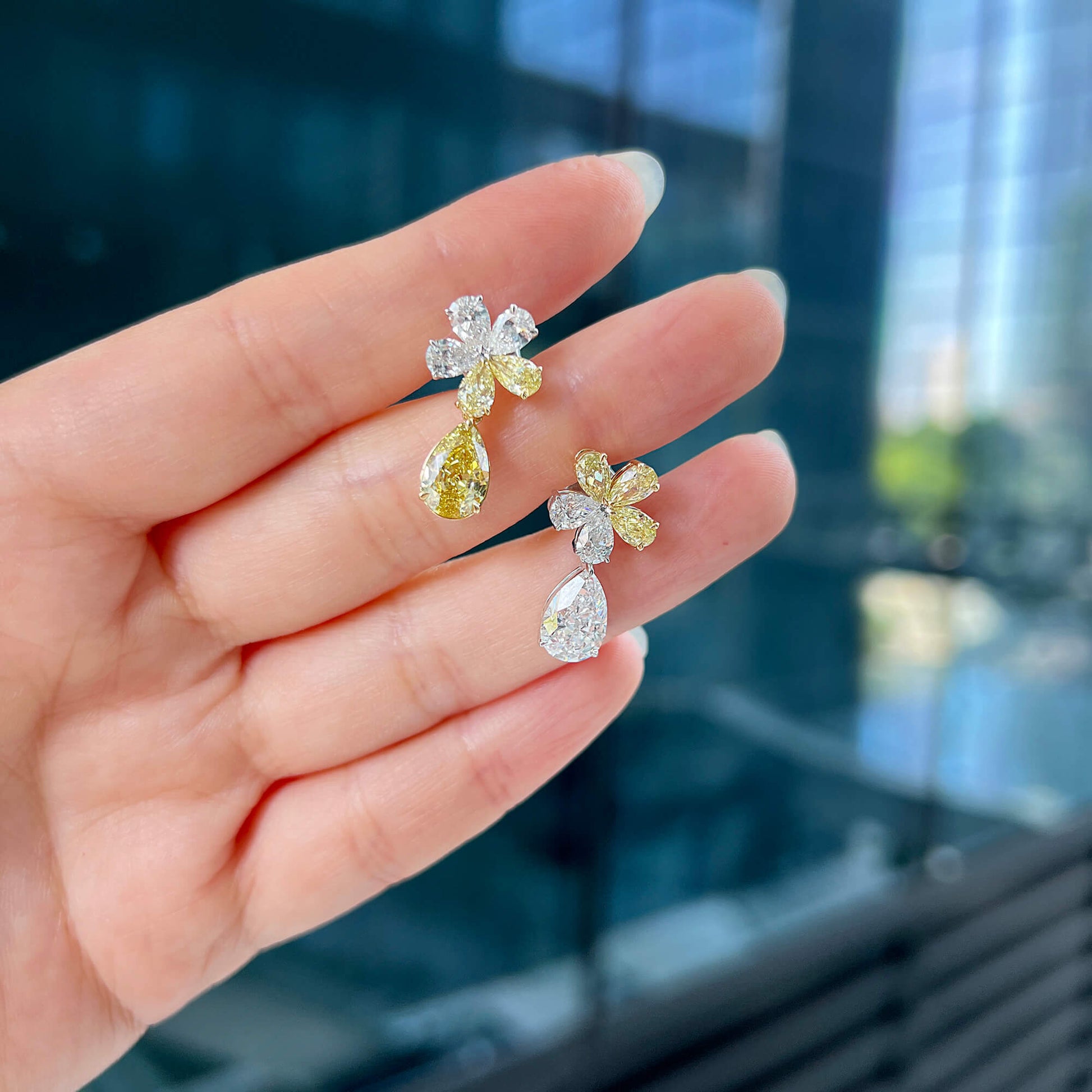 Natural Yellow and White Diamond Drop Earrings,  18K White & Yellow Gold, Pear Shape, 5.72 Ct. TW