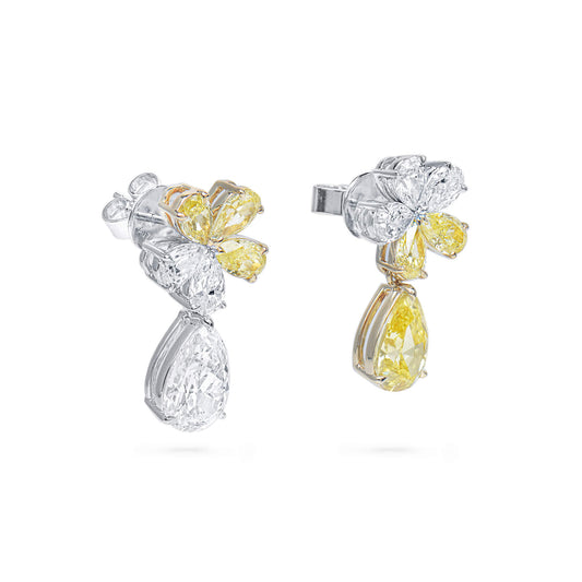 Natural Yellow and White Diamond Drop Earrings,  18K White & Yellow Gold, Pear Shape, 5.72 Ct. TW