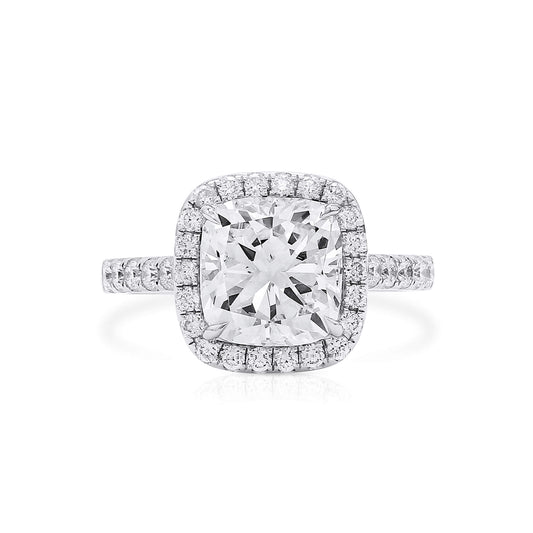 Natural Diamond Halo Ring, 18K White Gold, Cushion Shape, 3.64 Ct. TW