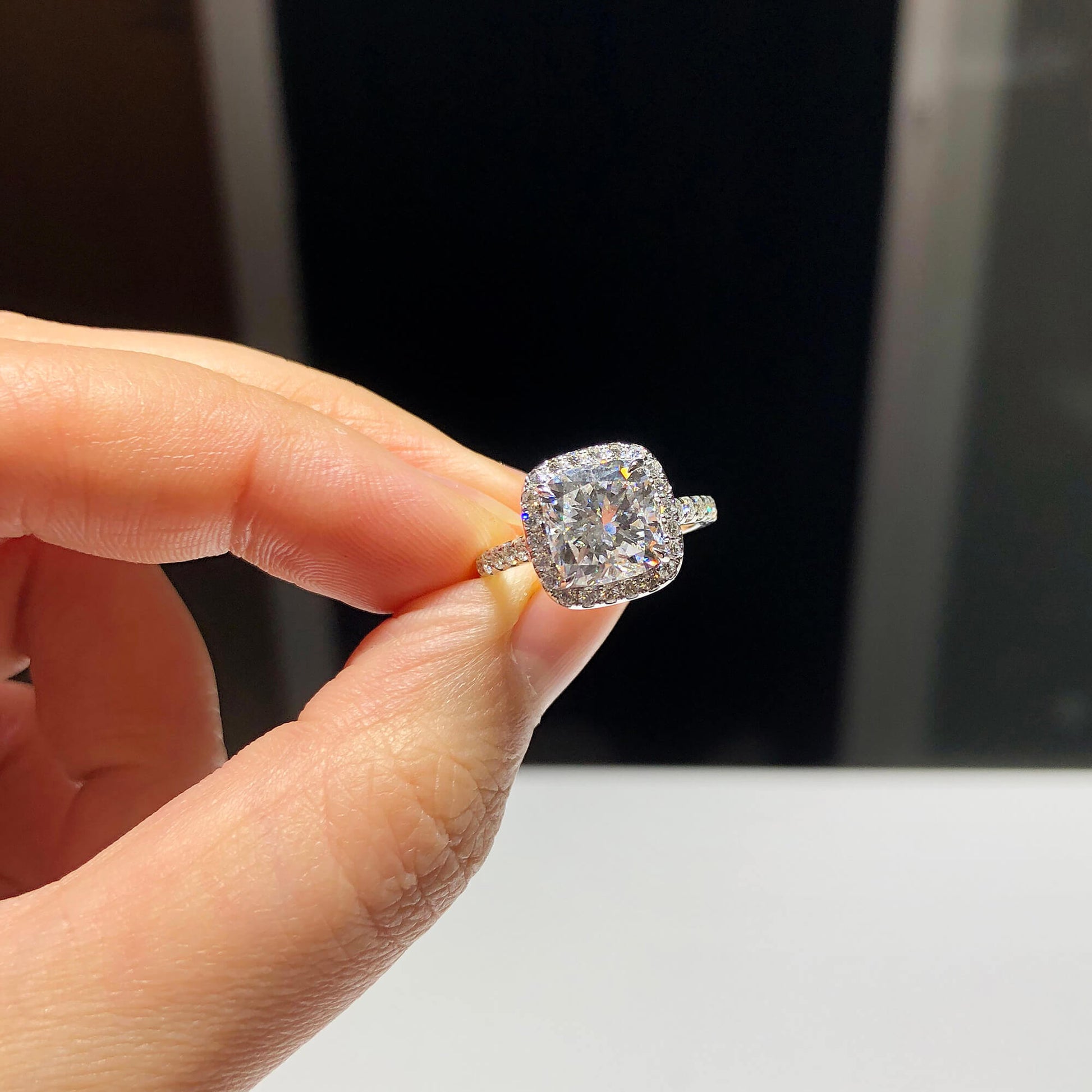 Natural Diamond Halo Ring, 18K White Gold, Cushion Shape, 3.64 Ct. TW