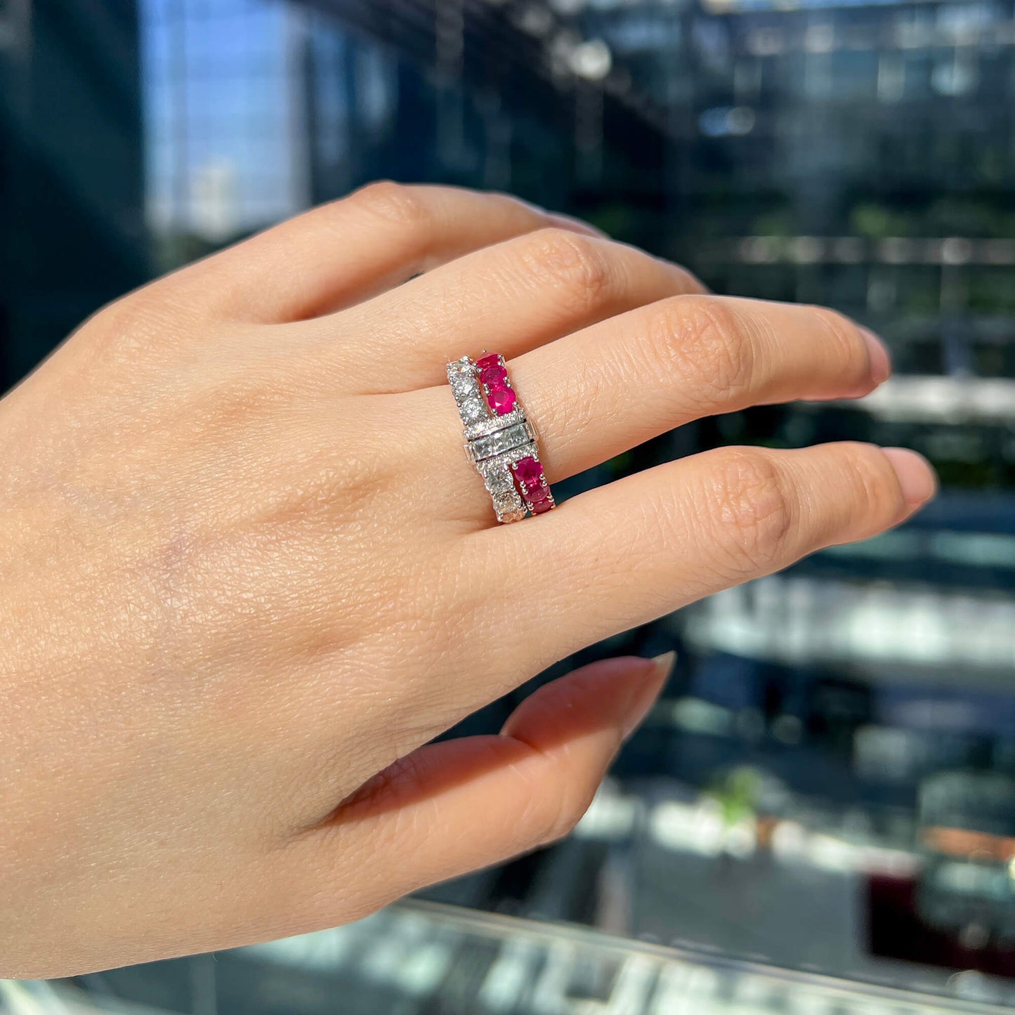 Natural Diamond & Ruby Half Eternity Ring, 18K White Gold, 3.76 Ct. TW