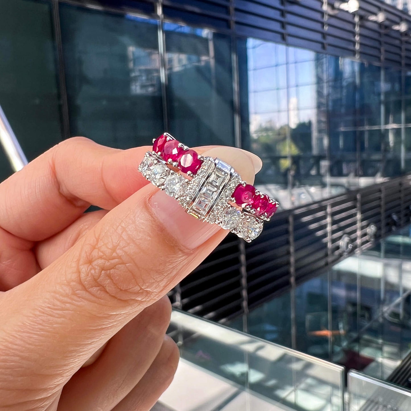 Natural Diamond & Ruby Half Eternity Ring, 18K White Gold, 3.76 Ct. TW