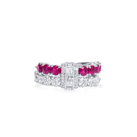 Natural Diamond & Ruby Half Eternity Ring, 18K White Gold, 3.76 Ct. TW