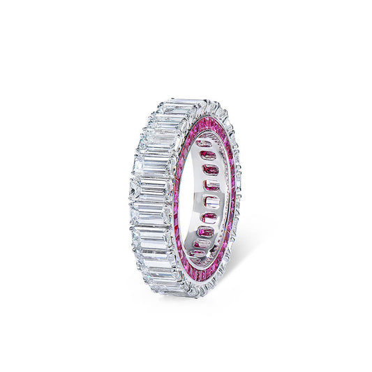White Diamond & Ruby Eternity Band Ring, 6.74 Ct. (8.86 Ct. TW), Emerald Shape
